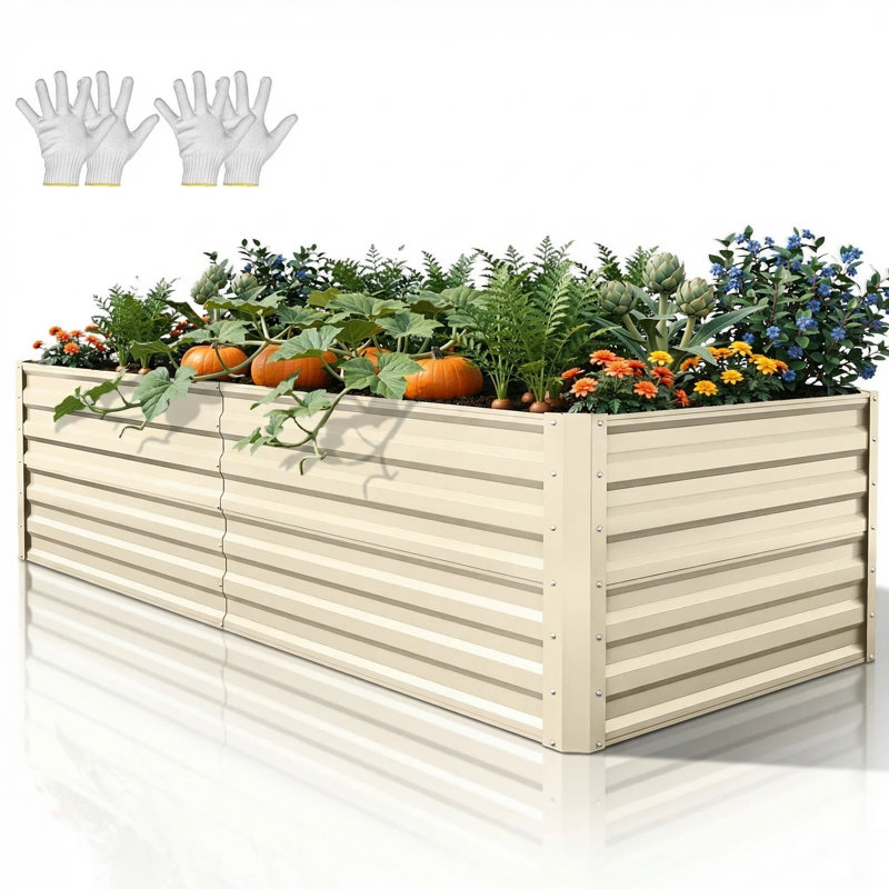 Galvanized Raised Garden Bed With Gloves, Cream, 24" H x 72" W x 36" D