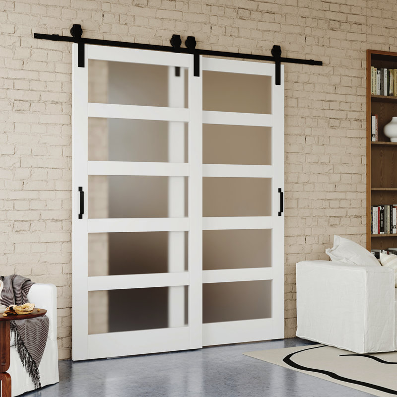 Modern Frosted Glass Design - 5 Lite Glass Manufacture Wood Sliding Bypass Barn Door With Hardware, 60" W x 84" H