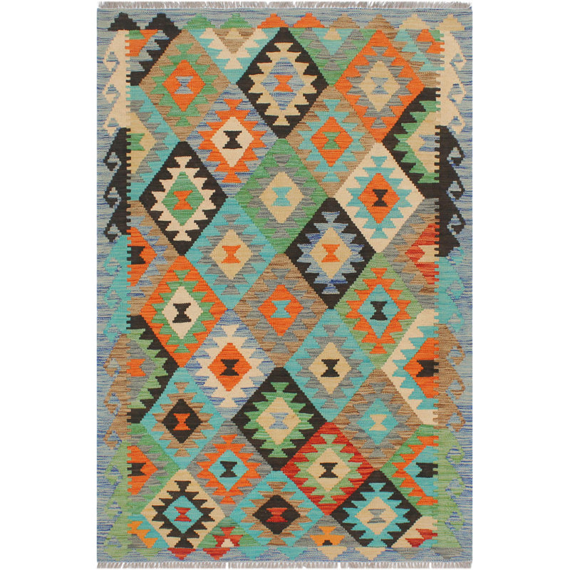 Tapis gris / bleu en laine tissé à la main de style tribal / géométrique / fait à la main de style sud-ouest 3 pi 4 po x 5 pi Cedorah