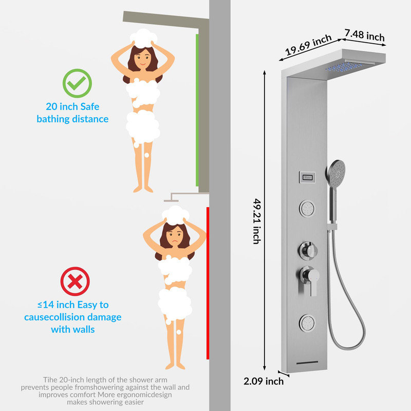 LED Shower Panel Tower System, Wall-Mount 5-Spray Combo with Rainfall & Waterfall Functions