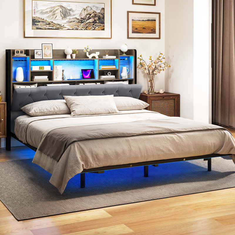 Upholstered Bookcase Storage Bed, Gray, Full