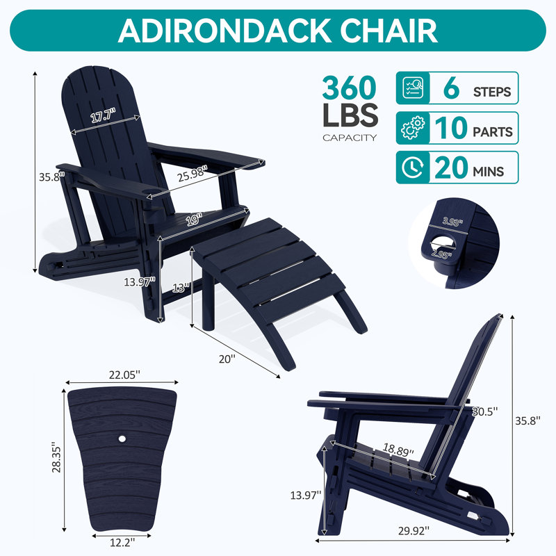  Chaise Adirondack pour 2 personnes avec repose-pieds, Marine