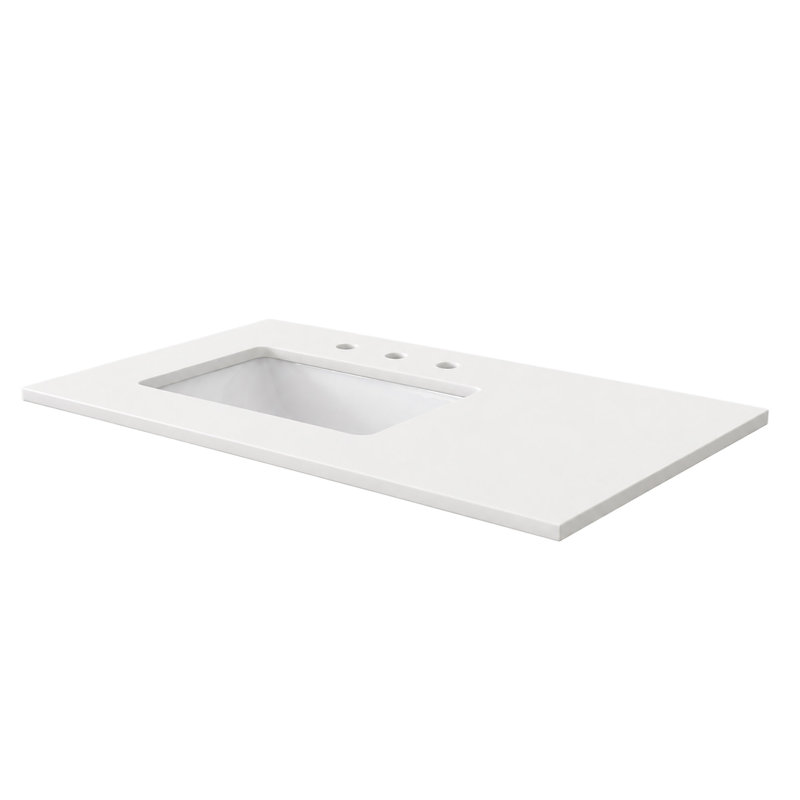 Comptoir en quartz blanc de 37 po et lavabo rectangulaire gauche, Blanc