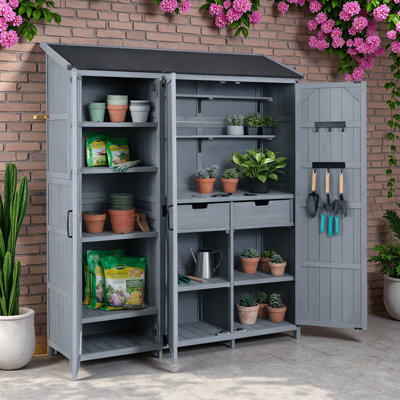 Large Patio Garden Shed With Waterproof Roof, 3 Doors Storage Cabinet, Workstation, 7 Storage Shelves, 2 Drawers And 6 Hooks