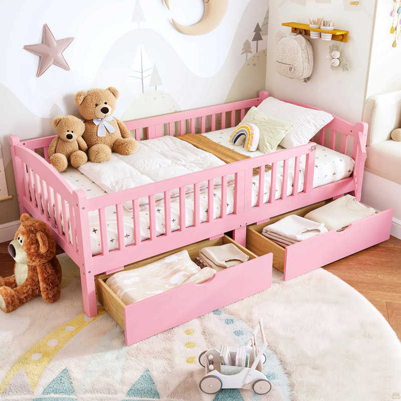 Lit plateforme simple avec garde-corps pleine longueur, lit plateforme pour enfants avec tiroirs de rangement, Lit simple