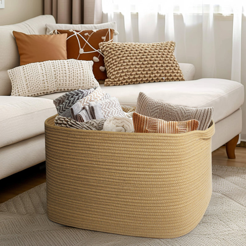 Très grand panier de rangement en corde de coton 62L avec poignées - Panier à couverture tissé pour vêtements, couvertures, coussins et jouets