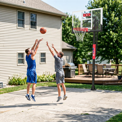 IGL In-Ground Height-Adjustable Outdoor Basketball Hoop, featuring a 54-inch shatter-resistant backboard and adjustable height from 7.5 to 10 feet, suitable for children, teens, and adults