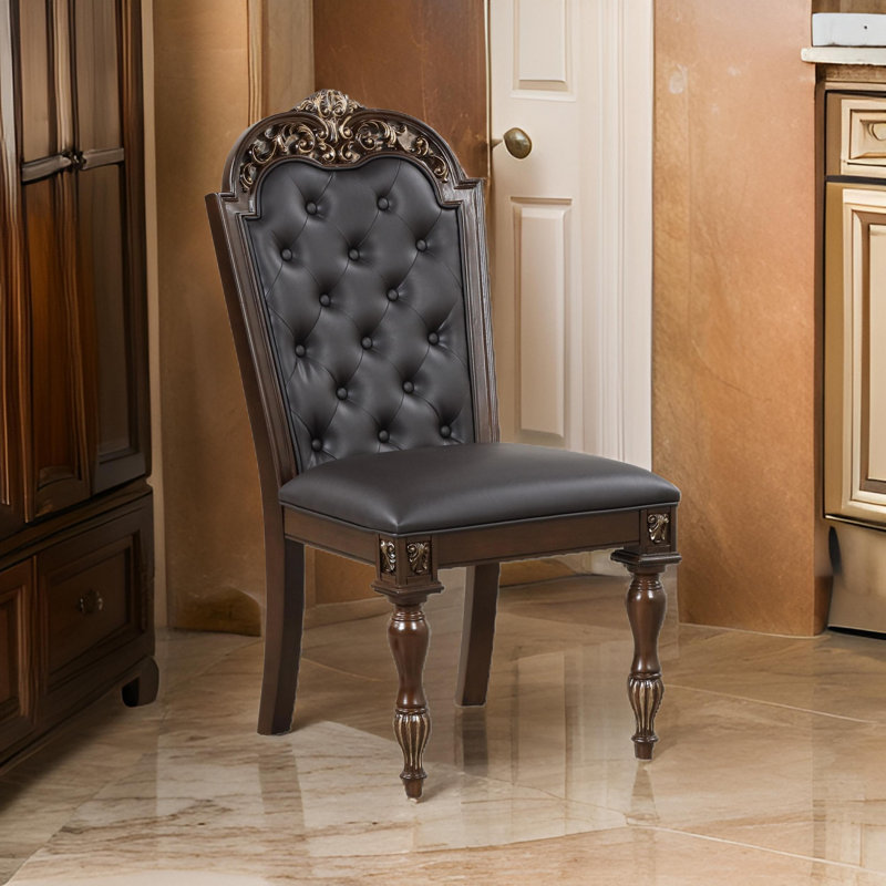 Mitch 21 Inch Tufted Dining Chairs, Carved Details, Faux Leather Seat, Brown
