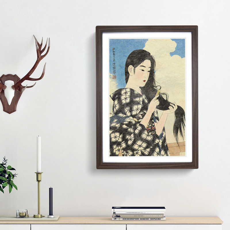 Girl Combing Her Hair by Ito Shinsui - Picture Frame Painting Print, 65cm H x 48cm W x 2cm D, Walnut Framed