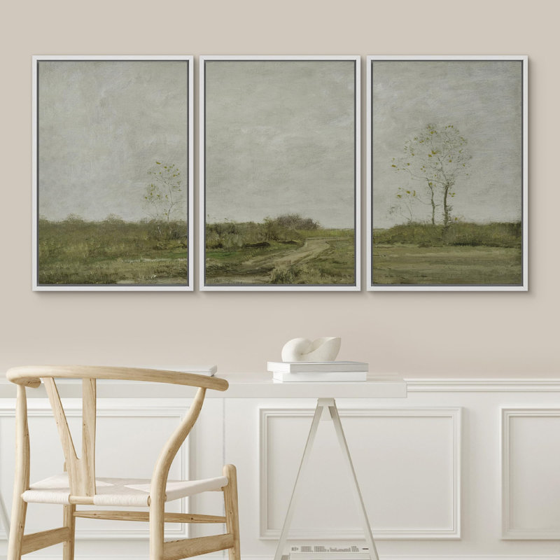 " Solitary Pathway Single Tree Landscape Illustration Rustic Country Decor Ultra " 3 - Pieces, Blanc