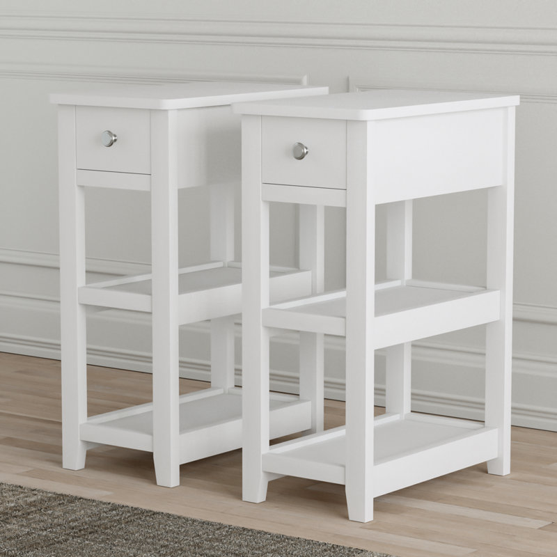24'' Tall End Table, Narrow Side Table with Drawer and Shelves for Small Space, White, 2