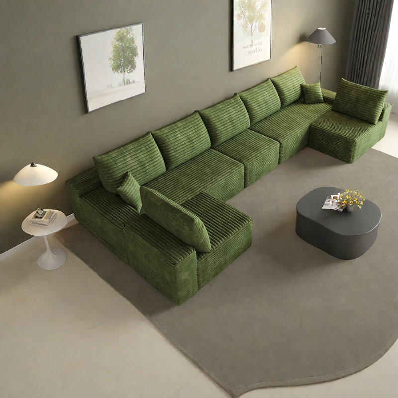 Canapé d'angle moderne en velours côtelé pelucheux de 422 cm (166 pouces) en forme de U, sans assemblage requis., Green