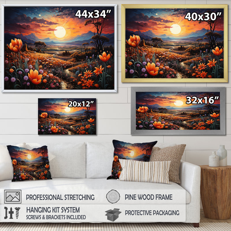 "Western Desert Flowers Pointillism", reproduction d'art sur toile, H 34 po x l 44 po x P 1,5 po, Toile tendue