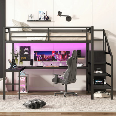 Lit mezzanine avec bureau en L et port USB, lit mezzanine en métal avec garde-robe et tablette réglable, lit mezzanine haut avec DEL pour enfants, adolescents, adultes, noir
