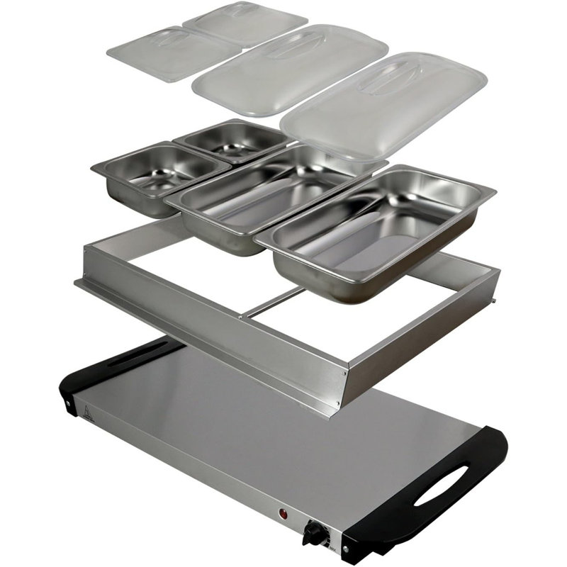 Buffet et chauffe-plats avec 4 plateaux en acier inoxydable, plateau chauffant chauffant, chauffe-comptoir portable pour les fêtes et les événements