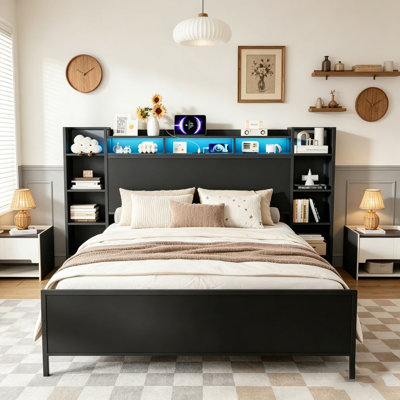 Bed Frame with USB Charging Station, Storage Headboard and with Led Light, Heavy Duty Metal Platform Bed Frame
