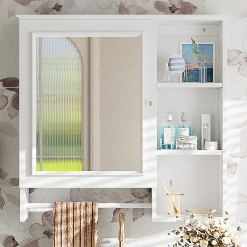 Armoire de rangement murale pour salle de bain, armoires à pharmacie avec grande porte miroir, tablettes réglables et trois niveaux de rangement ouverts (meuble-lavabo non inclus)