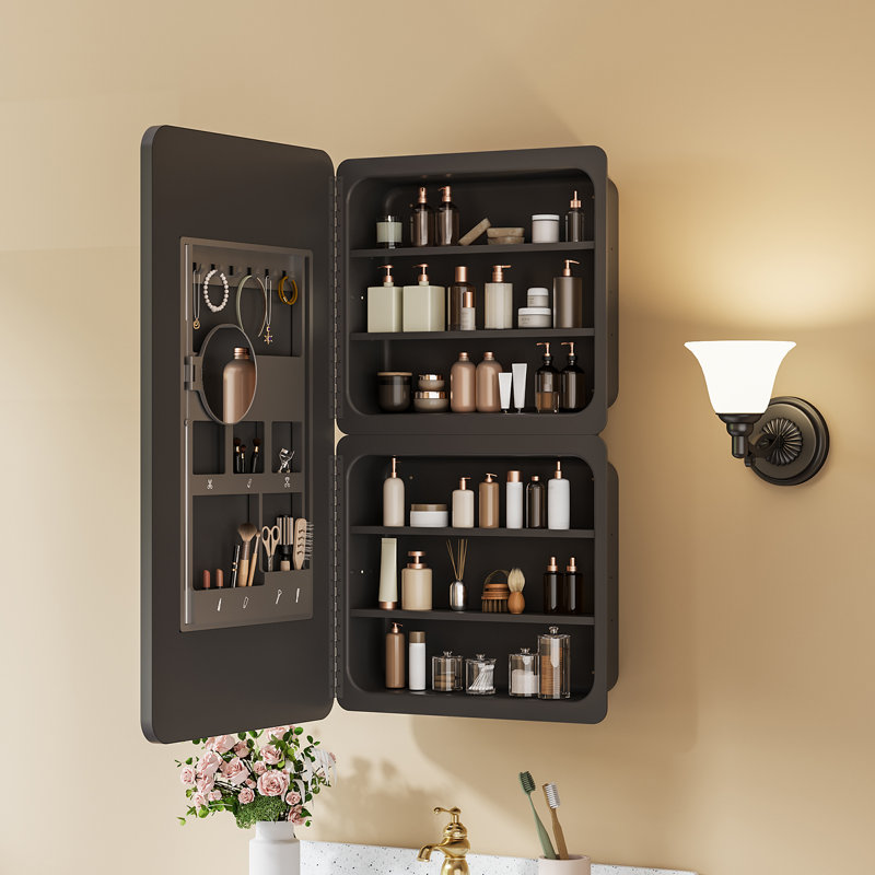 Armoire à pharmacie rectangulaire encastrée ou à surface avec rangement et miroir grossissant, armoire de salle de bain avec tablette ajustable, miroir de coiffeuse