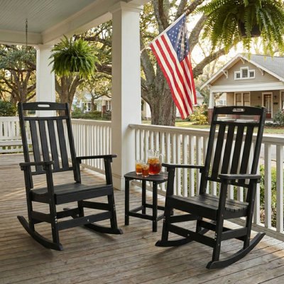 3-Piece Outdoor Rocking Chair Set, 2 HDPE Porch Rockers With Side Table, All-Weather Patio Conversation Set