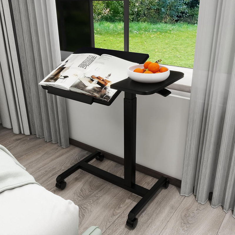 Adjustable Tilt Overbed Bedside Table With Wheels Mobile Laptop Standing Desk, Black