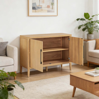 Buffet campagnard de 47,25 pouces avec placage de pin, buffet rétro à 2 portes avec pieds réglables, armoire de rangement en bois avec poignées en métal pour le salon, la cuisine