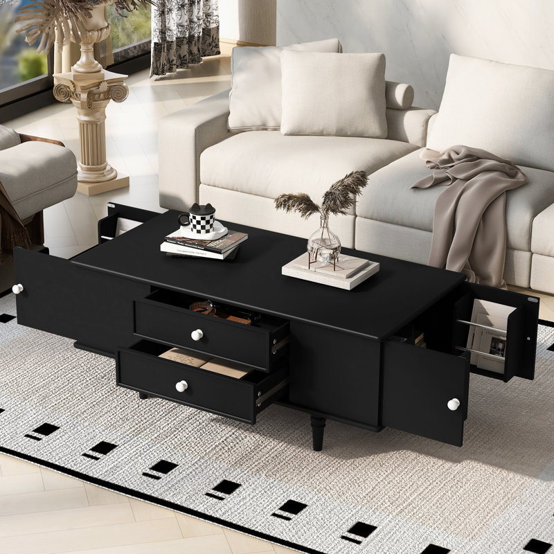 Table basse rectangulaire moderne en bois avec quatre tiroirs, rangement caché et pieds en bois massif (47,2 pouces) | Idée de cadeau