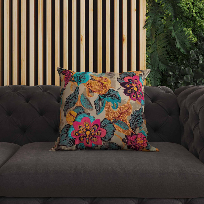 Coussin intérieur / extérieur Eclectic Garden, Carré 16 po, Bleu/rose/orange