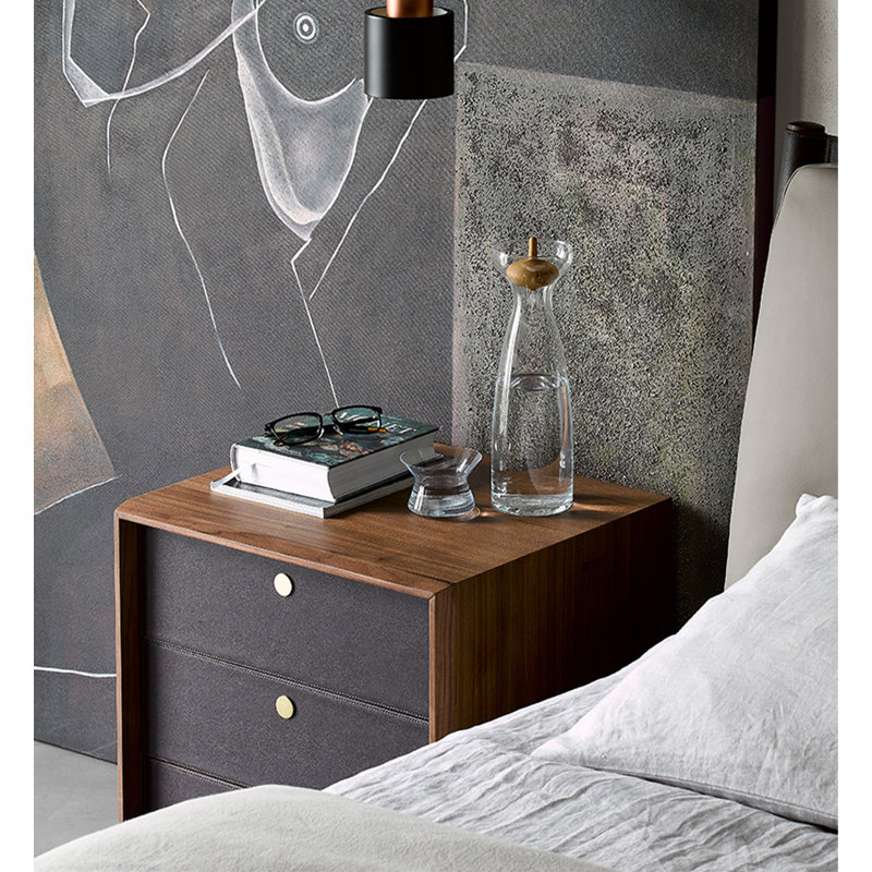 Table de chevet en noyer de style minimaliste avec tiroirs en cuir pour chambre
