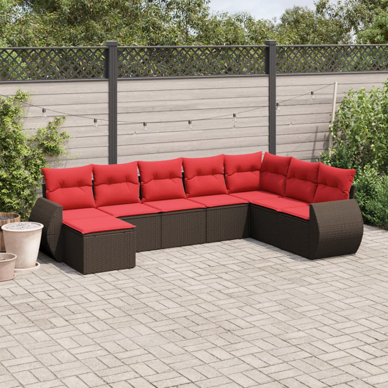 9 Piece Patio Sofa Set With Cushions Gray Poly Rattan, Red Cushion/Brown Frame