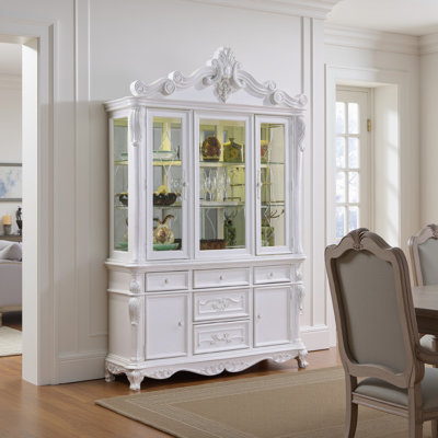 Zenie Buffet Cabinet And Hutch, Classic Carved, Solid Wood by Benjara