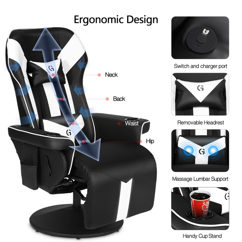 Inbox Zero Reclining Ergonomic Swiveling PC & Racing Game Chair with Built-in Speakers and Footrest, Black/White