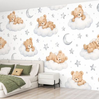Wall Mural Peel and Stick Wallpaper Seamless teddy bears clouds moon stars watercolor hand drawn white Self-Adhesive Removable Contact Paper Wall Decor for Living Room Bedroom 69"H x 96"W