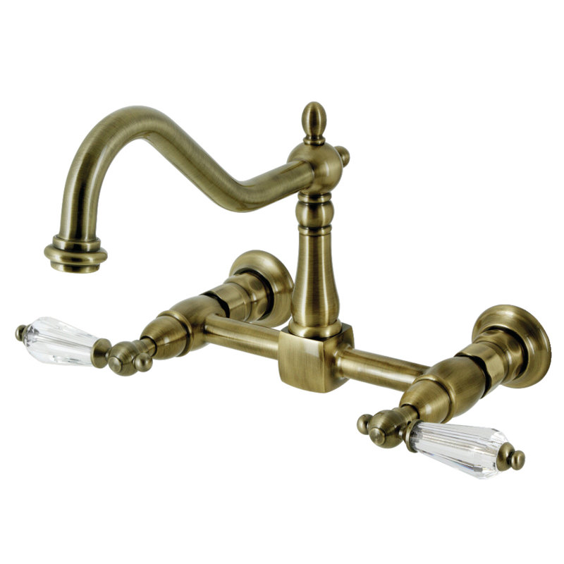 Kingston Brass Wilshire Double-Handle 2-Hole Wall-Mount Bridge Kitchen Faucet, Antique Brass