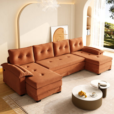 109.5" U-Shaped Sleeper Sofa With Pull Out Bed,2 In 1 Convertible Couch Bed With Removable Armrests & Usb Ports,Oversized Sectional Modular With Chaise Lounge For Living Room/Apartment,Orange