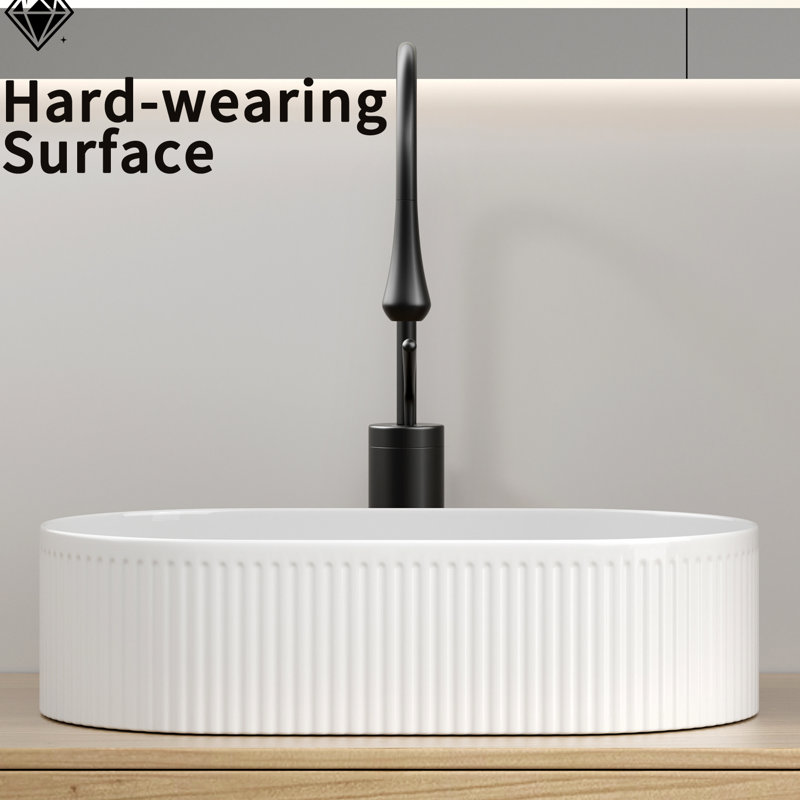 19.79 In. Depth Oval Countertop Sink, 12.12 Width, White Porcelain Vessel, High - Temperature Fired And Chip Bathroom 19 X 12, Modern Design With Straight Line Texture, To Wear Tear