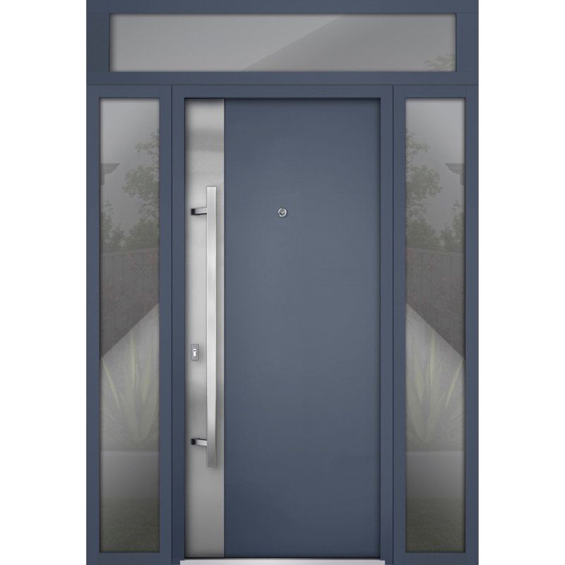 Porte avant en acier pré-suspendue à l'avant / deux graphite gris 0729/2 fenêtres extérieures latérales et supérieures / inserts en acier inoxydable peints simples modernes - l 12 po + 36 po x H 80 po + 16 po - Pivotement à droite