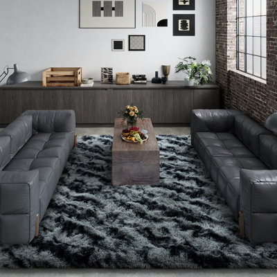 Tapis à poils longs noir et gris à poils longs ultra pelucheux pour salon, chambre, chevet, bureau, hôtel