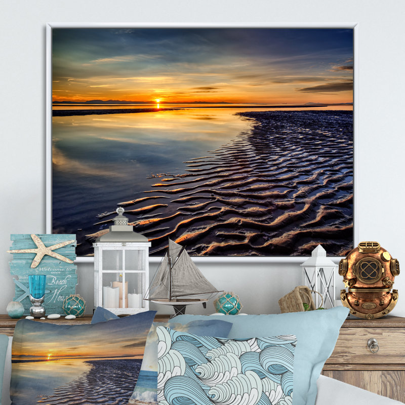" Sunset Beach Dramatic Sky II ", 16" H x 32" W x 1" D, White Floater Framed Canvas