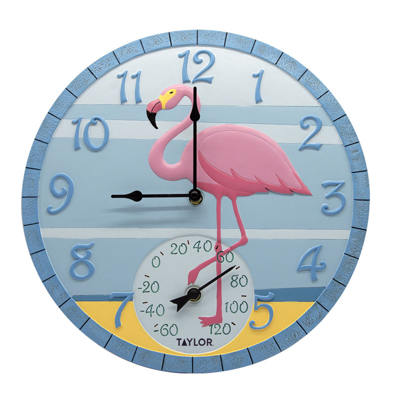 Taylor Clock with Thermometer, 14-Inch, Flamingo