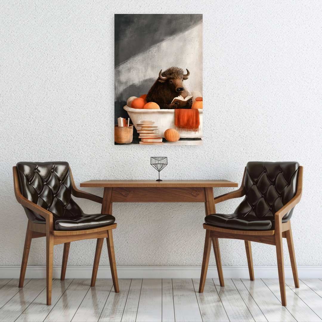 Reading Bison Bath Peaceful Whimsical Contemporary Bison Animal Autumn Wall Art Print