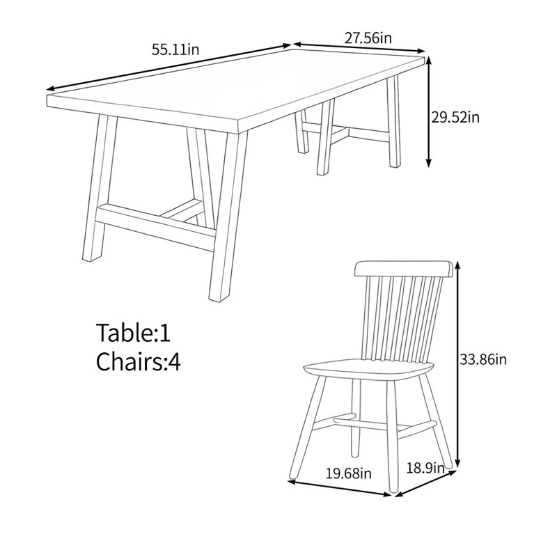 High quality solid wood table set, 29.52"H x 55.11"L x 27.56"W