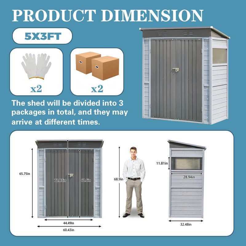 Outdoor Iron & Solid Wood Tool Storage Shed With Two Doors And Windows For Garden, Patio, Backyard
