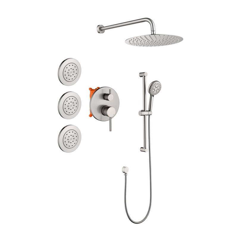 Système de douche avec pomme de douche, douchette à main, jets de corps, bras de douche, garniture de valve et poignées à levier