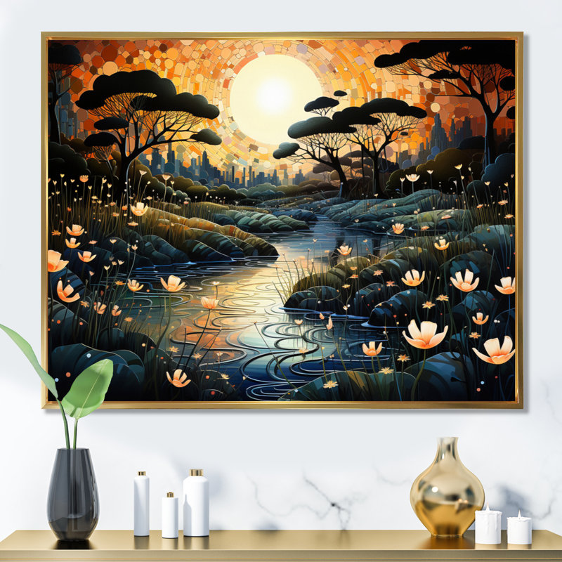 River Pointillism Charm At Night I - impressions sur toile pointillisme, Cadre flottant doré, 16" H x 32" W