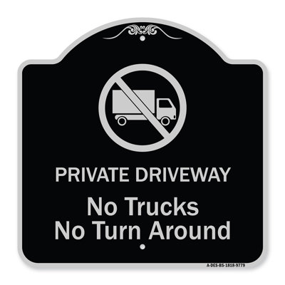 Enseigne signée de la série Designer - allée privée. Pas de camions, pas de retournement | Enseigne architecturale noire et blanche en aluminium de gros calibre 18 po x 18 po | Protégez votre entreprise et votre commune | Fabriqué aux États-Unis