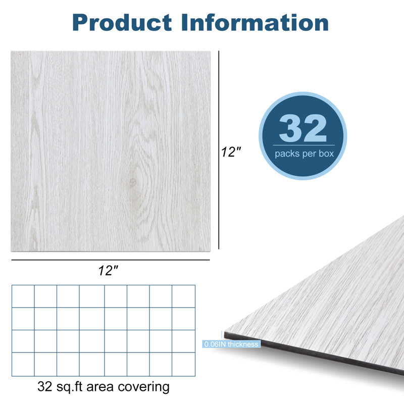 12'' W x 12'' L x 1.5 mm Peel and Stick Vinyl Floor Tiles,Luxury Vinyl Tile, White Washed Pine