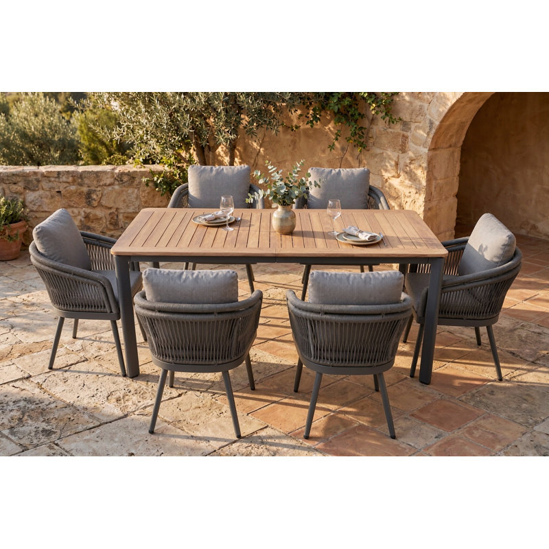 Ensemble de salle à manger d'extérieur rectangulaire Aries 7 pièces, 180 x 90 x 76 cm, plateau en teck, structure en aluminium, chaises de patio à sangles tressées avec coussins épais, mobilier de jardin.