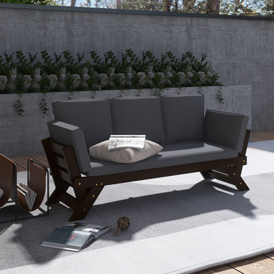 78.7" Brown Solid Wood Outdoor Patio Day Bed with Gray Cushions