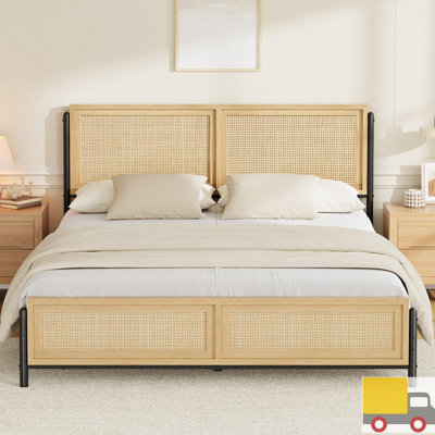 Modern Rattan Bed Frame with Headboard & Footboard, Boho Style Platform Bed, No Box Spring Needed, Sturdy Steel Slats & Under-Bed Storage