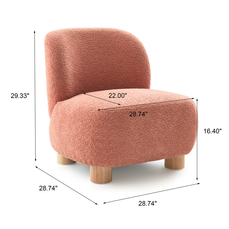 Organic Modern Boucle Upholstered Low-Profile Slipper Accent Chair with Solid Wood Legs, Light Coral